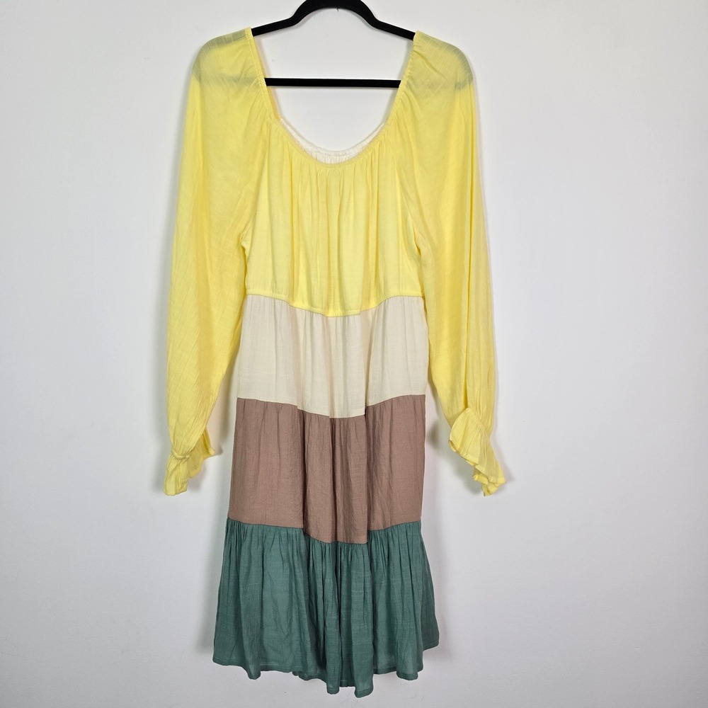 Cato Tiered Colorblock Dress Womens 14/16W Yellow Cottagecore Sleeve Romanrtic